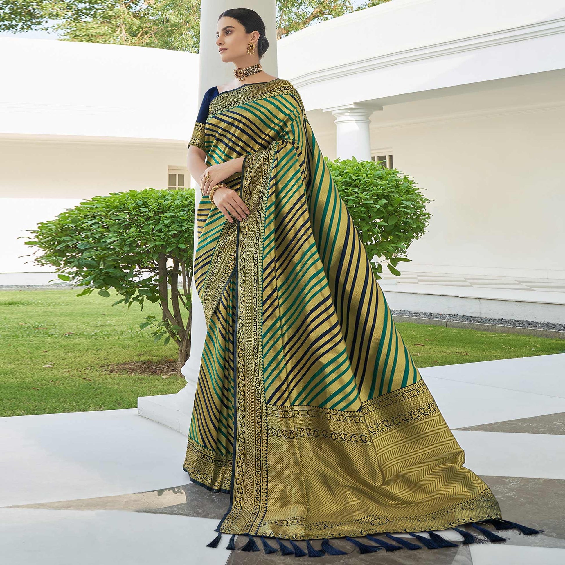 green-stripe-printed-pure-silk-saree-with-tassels