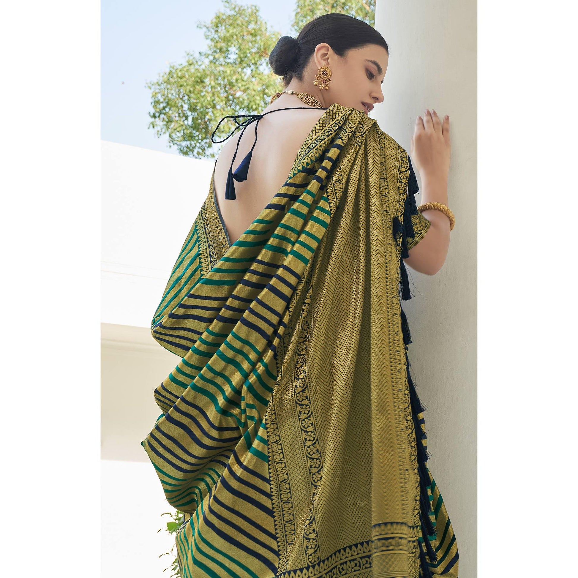 green-stripe-printed-pure-silk-saree-with-tassels