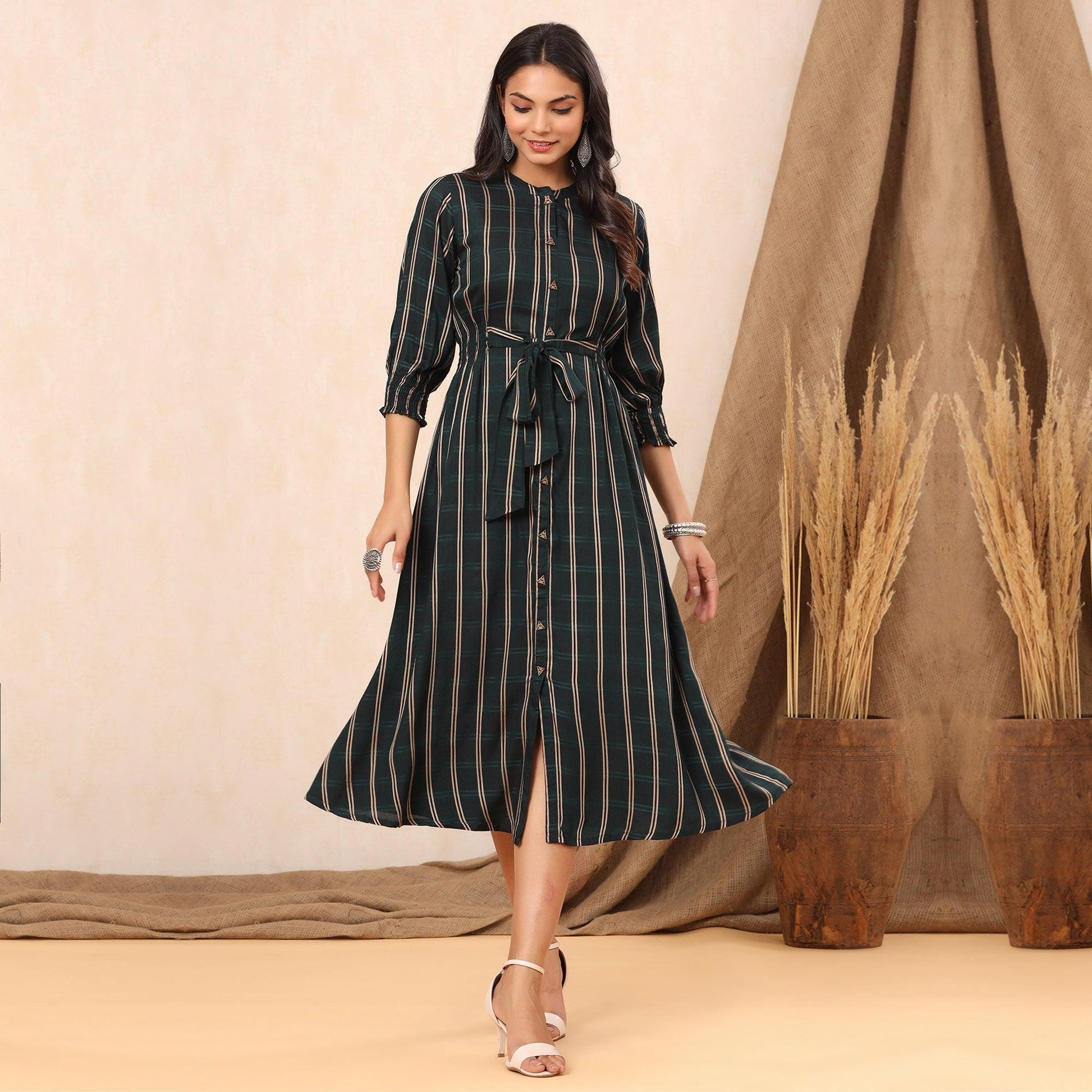 green-stripe-printed-rayon-dress