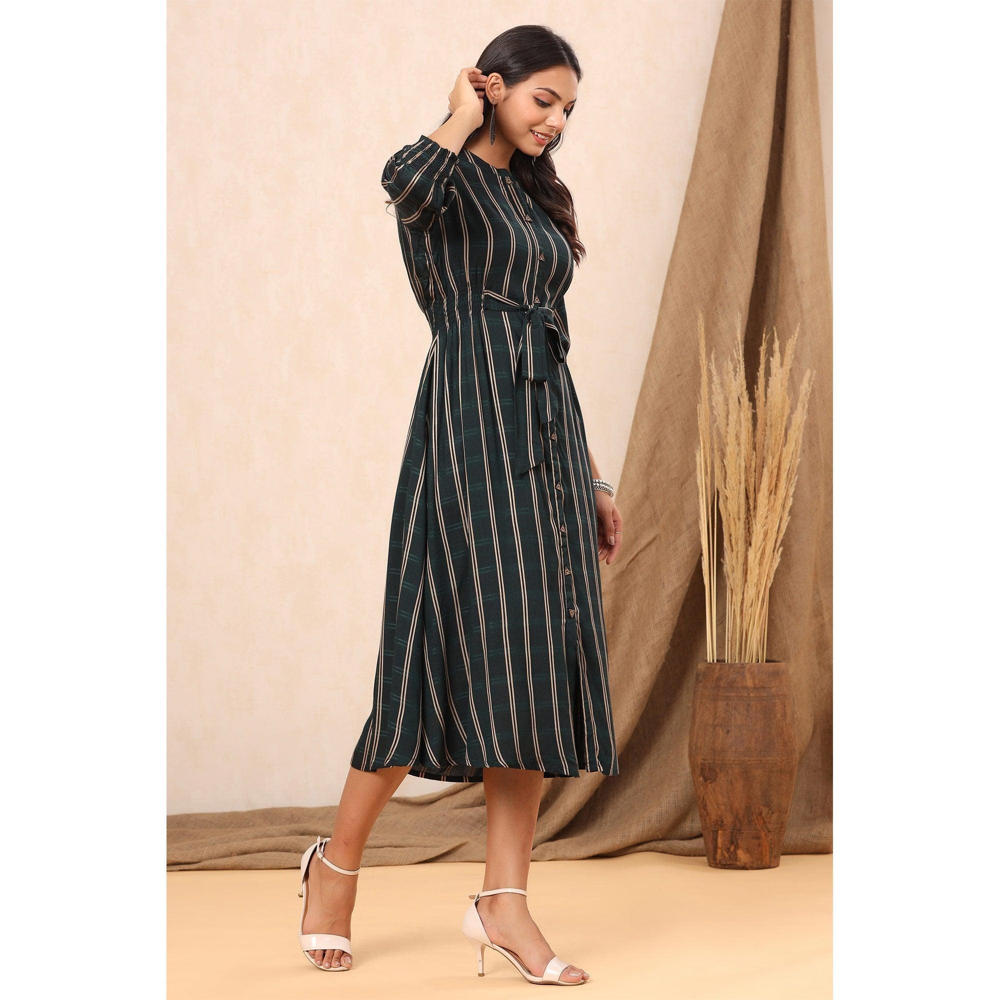 green-stripe-printed-rayon-dress