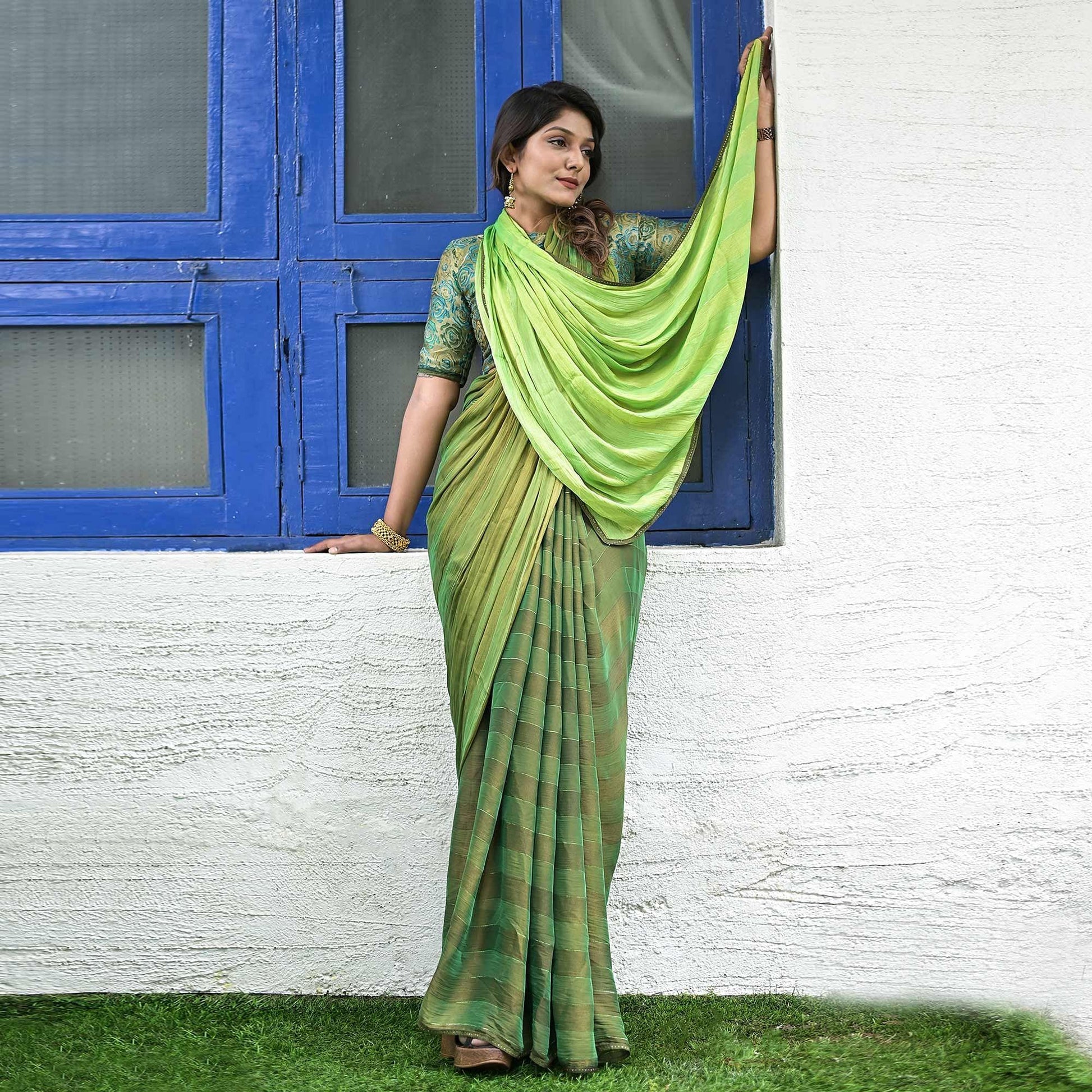 green-stripe-printed-satin-saree-144202