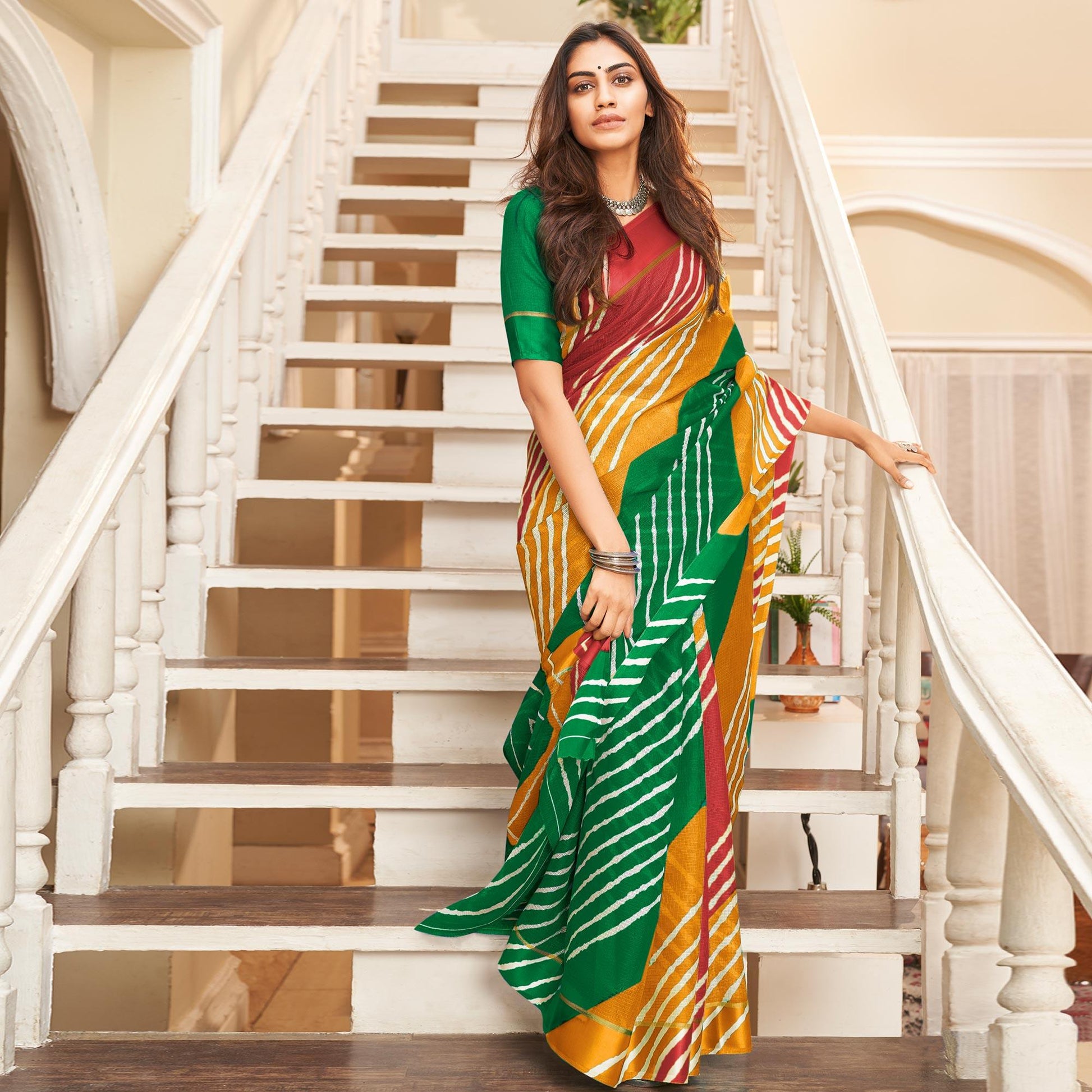 green-striped-printed-art-silk-saree-145469