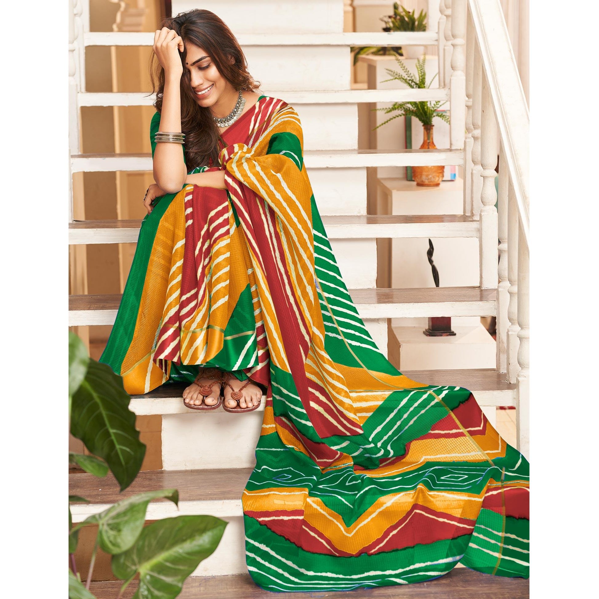 green-striped-printed-art-silk-saree-145469