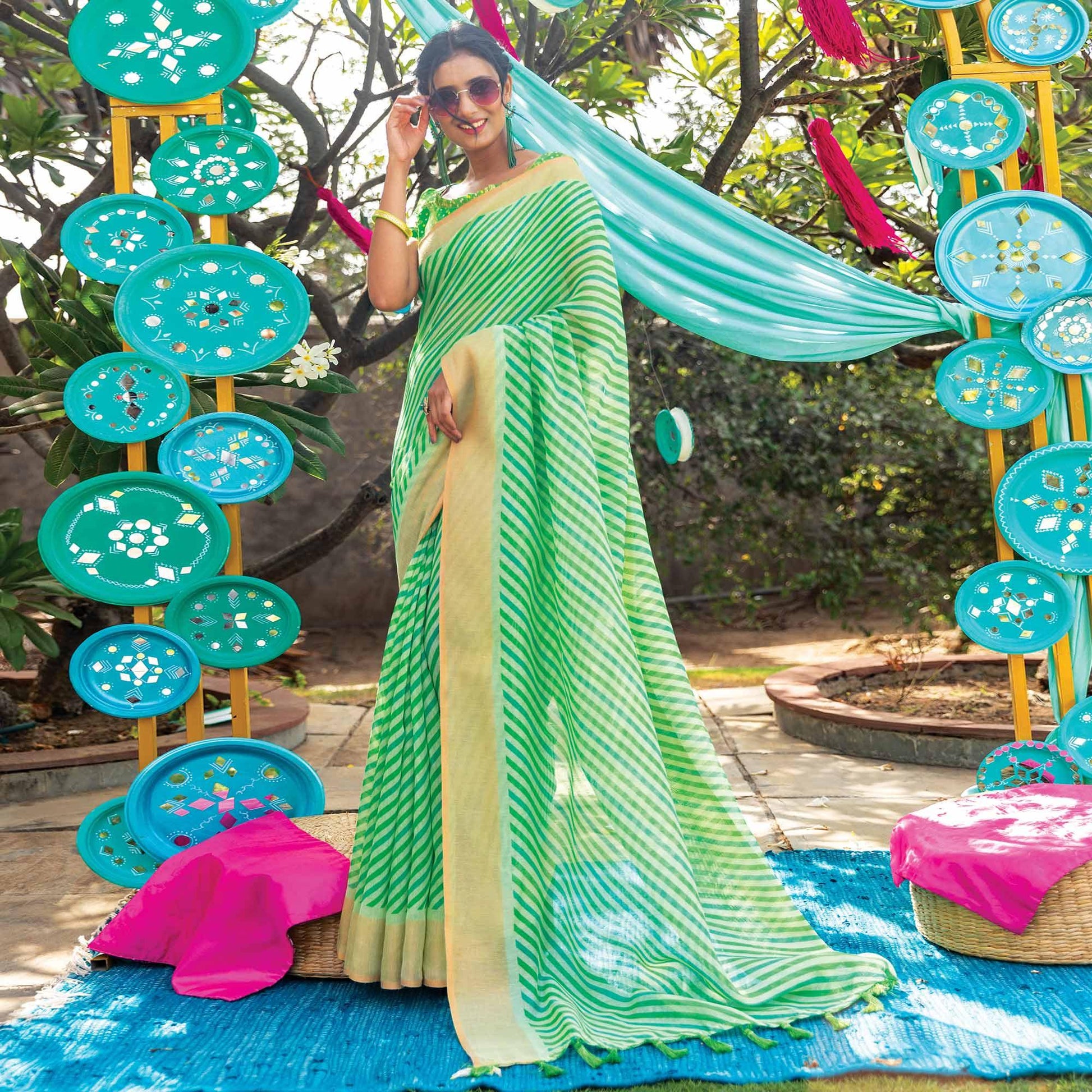 green-striped-printed-cotton-saree-with-tassels