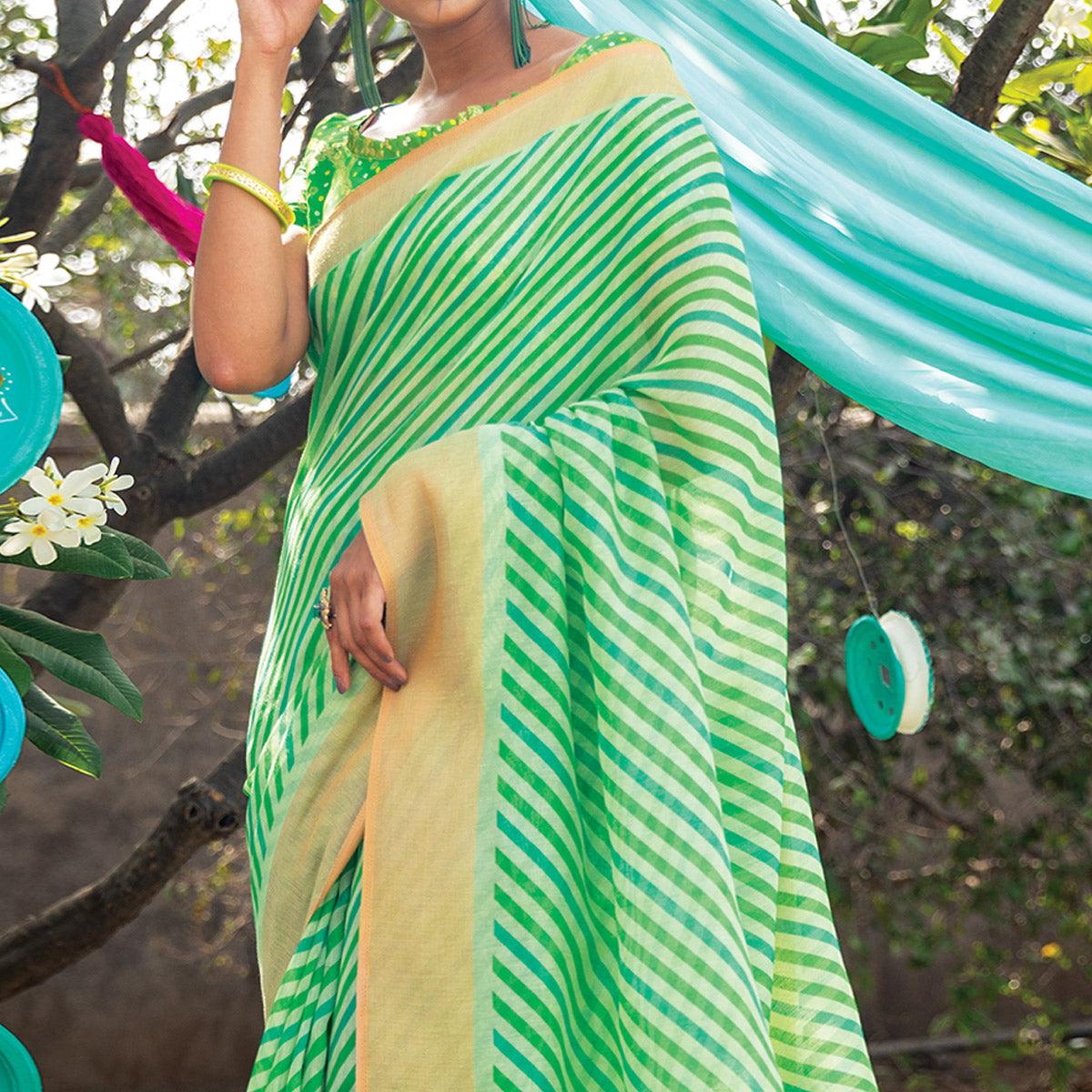 green-striped-printed-cotton-saree-with-tassels