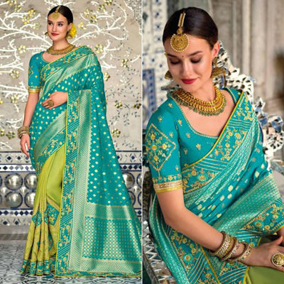 green-turquoise-festive-wear-weaving-and-embroidered-banarasi-silk-half-and-half-saree-with-tassels-140532
