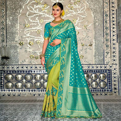 green-turquoise-festive-wear-weaving-and-embroidered-banarasi-silk-half-and-half-saree-with-tassels-140532