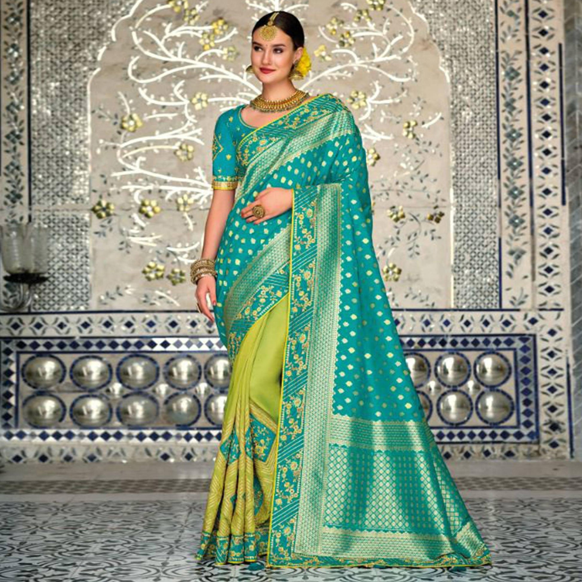 green-turquoise-festive-wear-weaving-and-embroidered-banarasi-silk-half-and-half-saree-with-tassels-140532