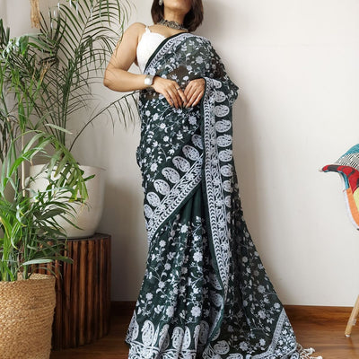 Green Viscose Organza Saree with Exquisite Chickenkari Embroidery – Paired with Elegant White Silk Blouse and Latkan