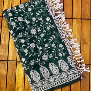 Green Viscose Organza Saree with Exquisite Chickenkari Embroidery – Paired with Elegant White Silk Blouse and Latkan