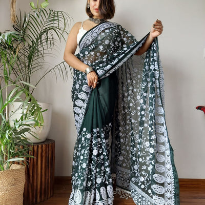 Green Viscose Organza Saree with Exquisite Chickenkari Embroidery – Paired with Elegant White Silk Blouse and Latkan