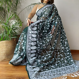 Green Viscose Organza Saree with Exquisite Chickenkari Embroidery – Paired with Elegant White Silk Blouse and Latkan