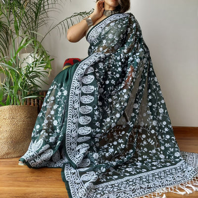 Green Viscose Organza Saree with Exquisite Chickenkari Embroidery – Paired with Elegant White Silk Blouse and Latkan