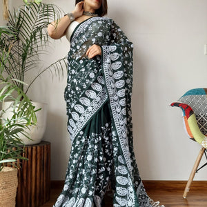 Green Viscose Organza Saree with Exquisite Chickenkari Embroidery – Paired with Elegant White Silk Blouse and Latkan