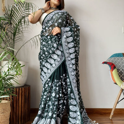 Green Viscose Organza Saree with Exquisite Chickenkari Embroidery – Paired with Elegant White Silk Blouse and Latkan