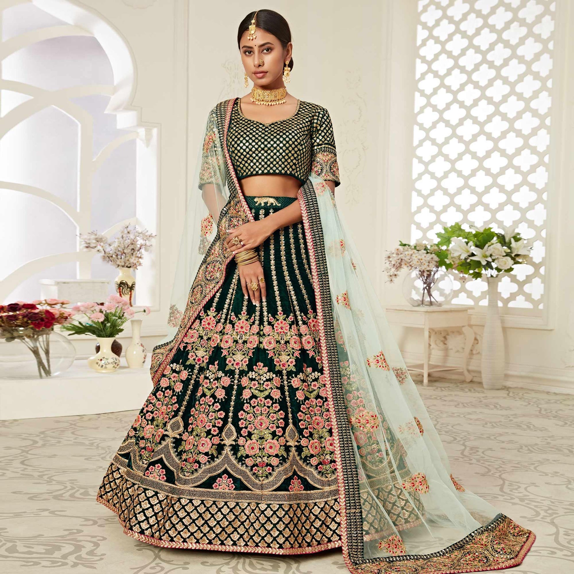 green-wedding-wear-floral-sequins-embroidered-with-diamond-velvet-lehenga-choli-124588