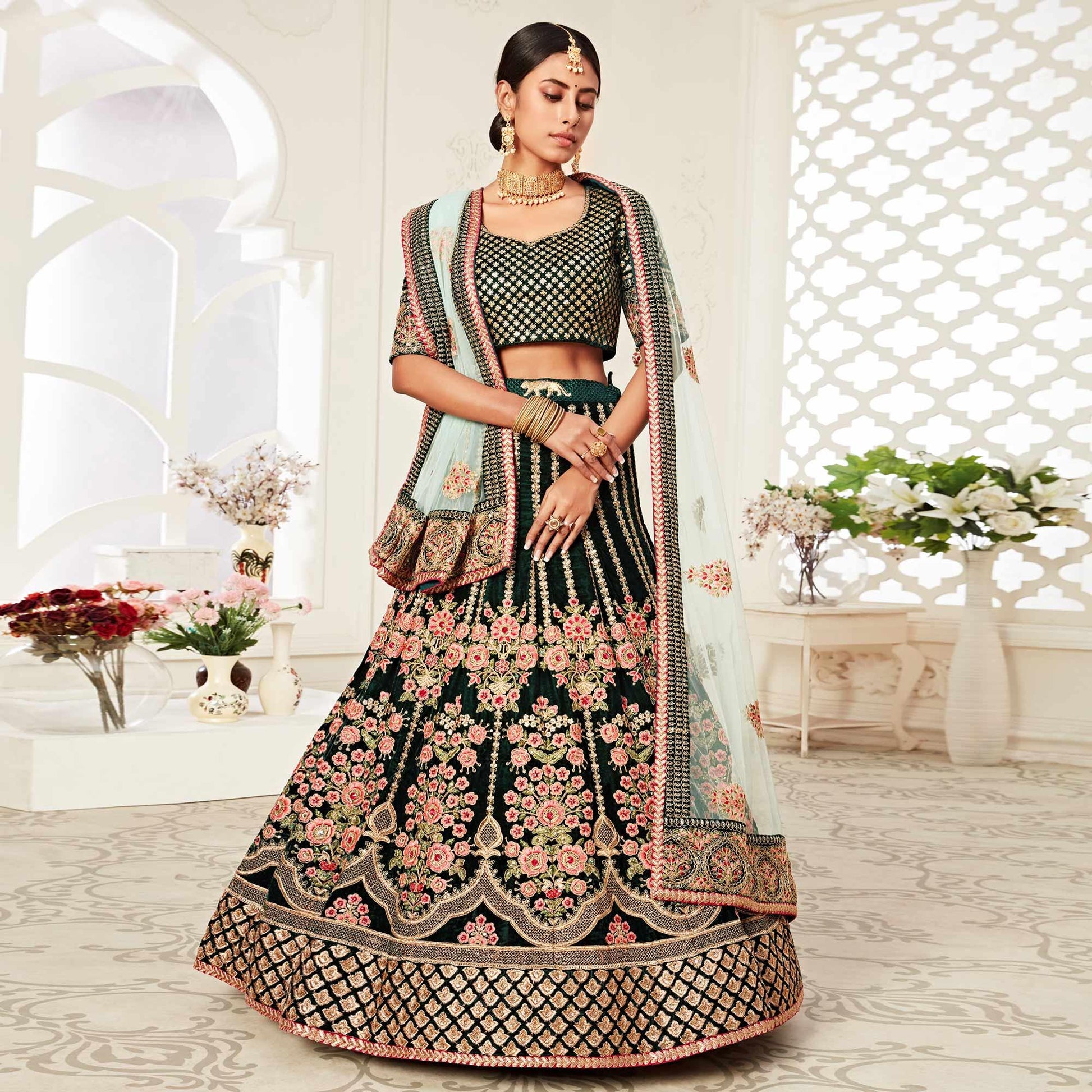 green-wedding-wear-floral-sequins-embroidered-with-diamond-velvet-lehenga-choli-124588