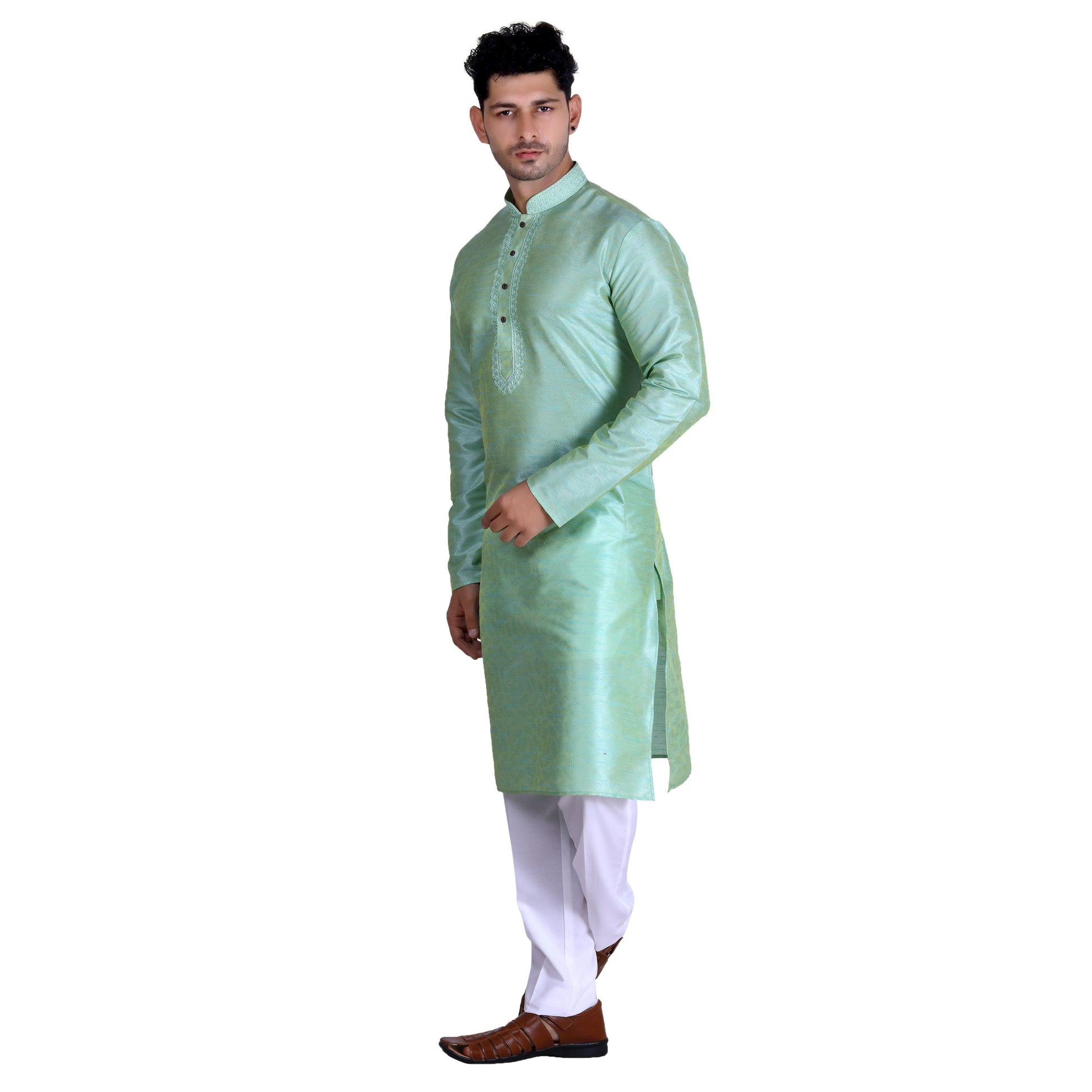 gleaming-pista-green-colored-festive-wear-pure-art-silk-mens-kurta-pyjama-set-84061
