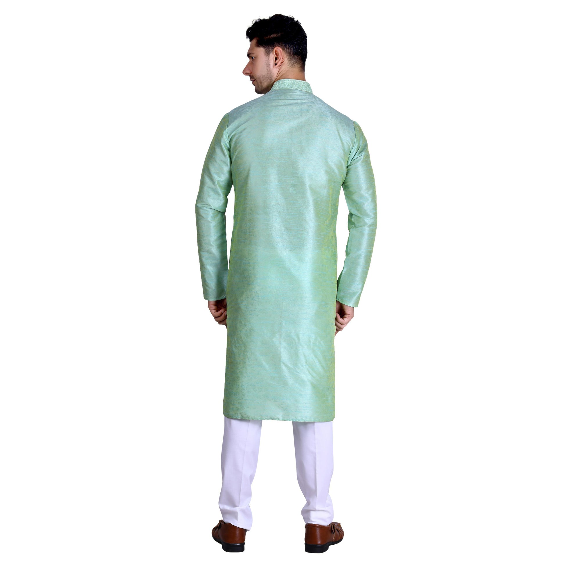 gleaming-pista-green-colored-festive-wear-pure-art-silk-mens-kurta-pyjama-set-84061