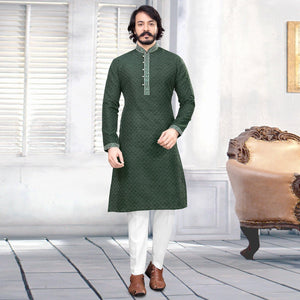 glorious-green-colored-festive-wear-embroidered-pure-silk-jacquard-menss-kurta-pyjama-set-85057