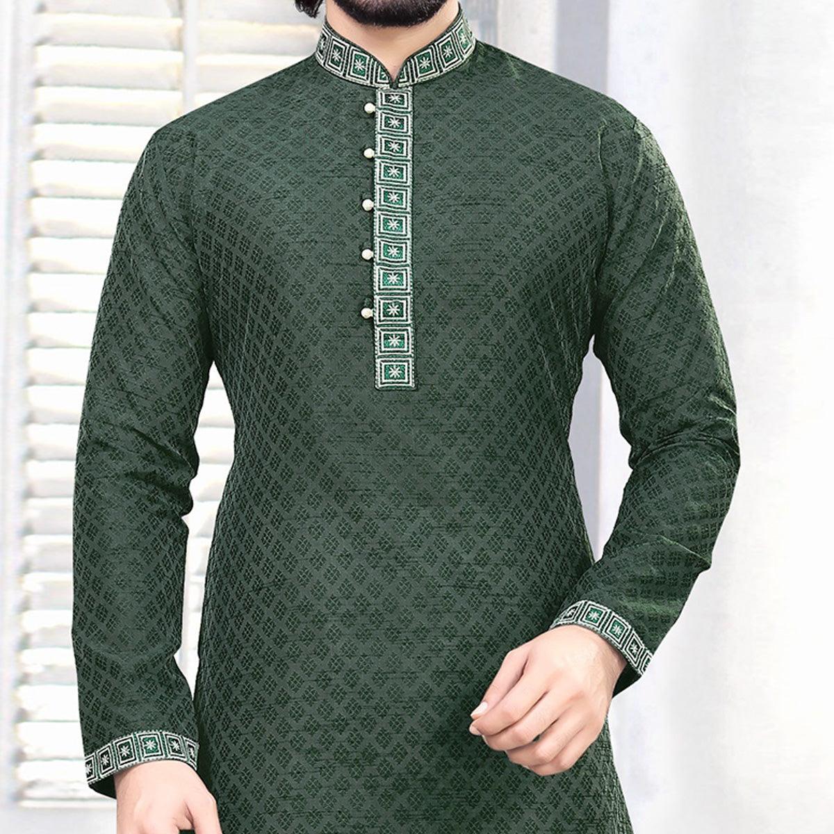glorious-green-colored-festive-wear-embroidered-pure-silk-jacquard-menss-kurta-pyjama-set-85057