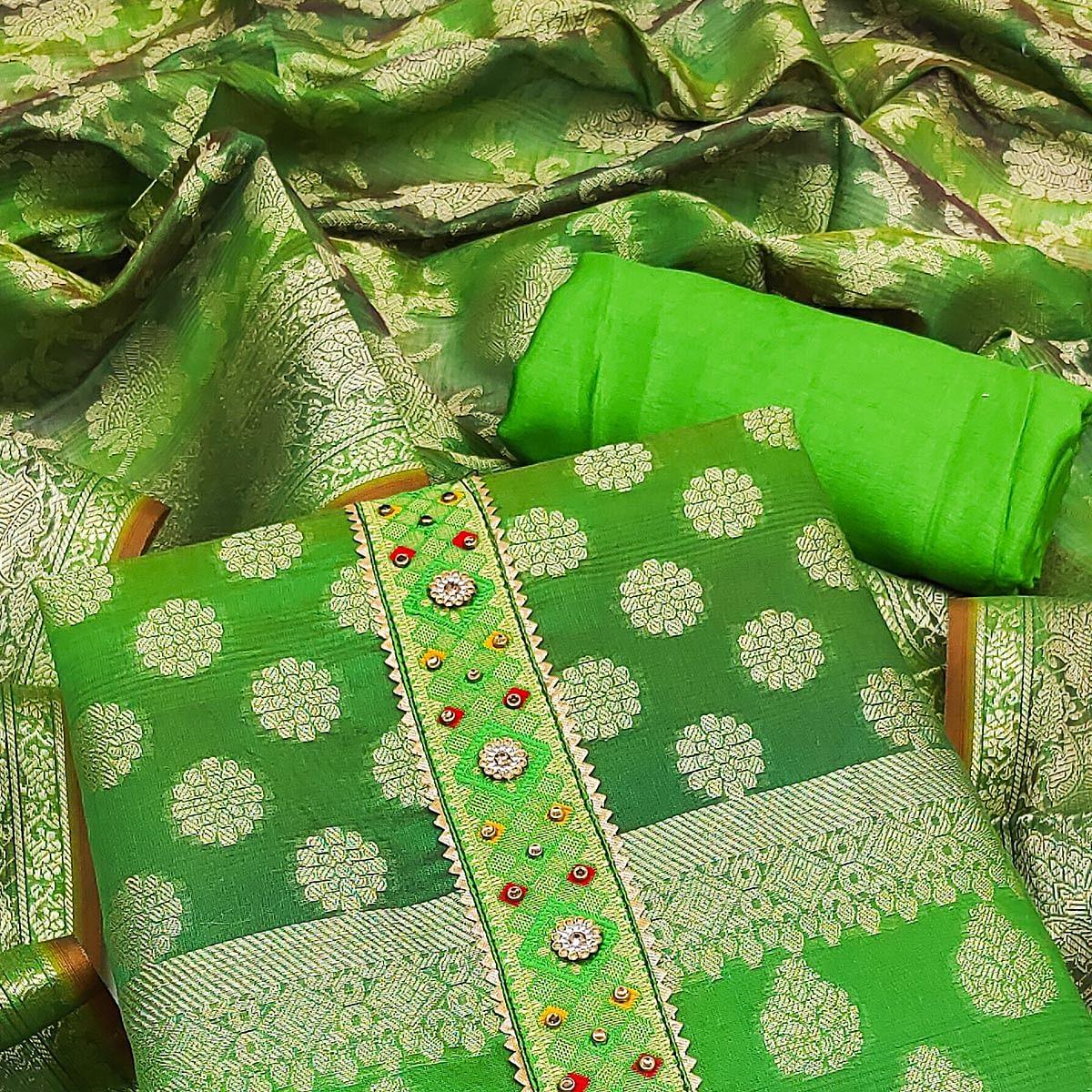 green-woven-banarasi-dress-material-143206