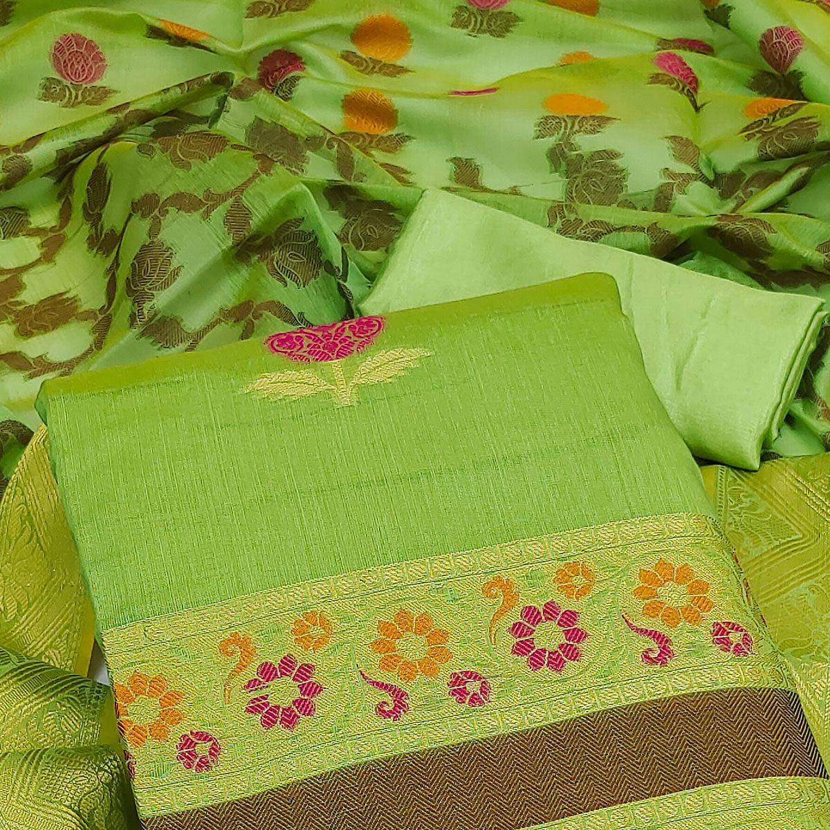 green-woven-banarasi-jacqaurd-dress-material-144046