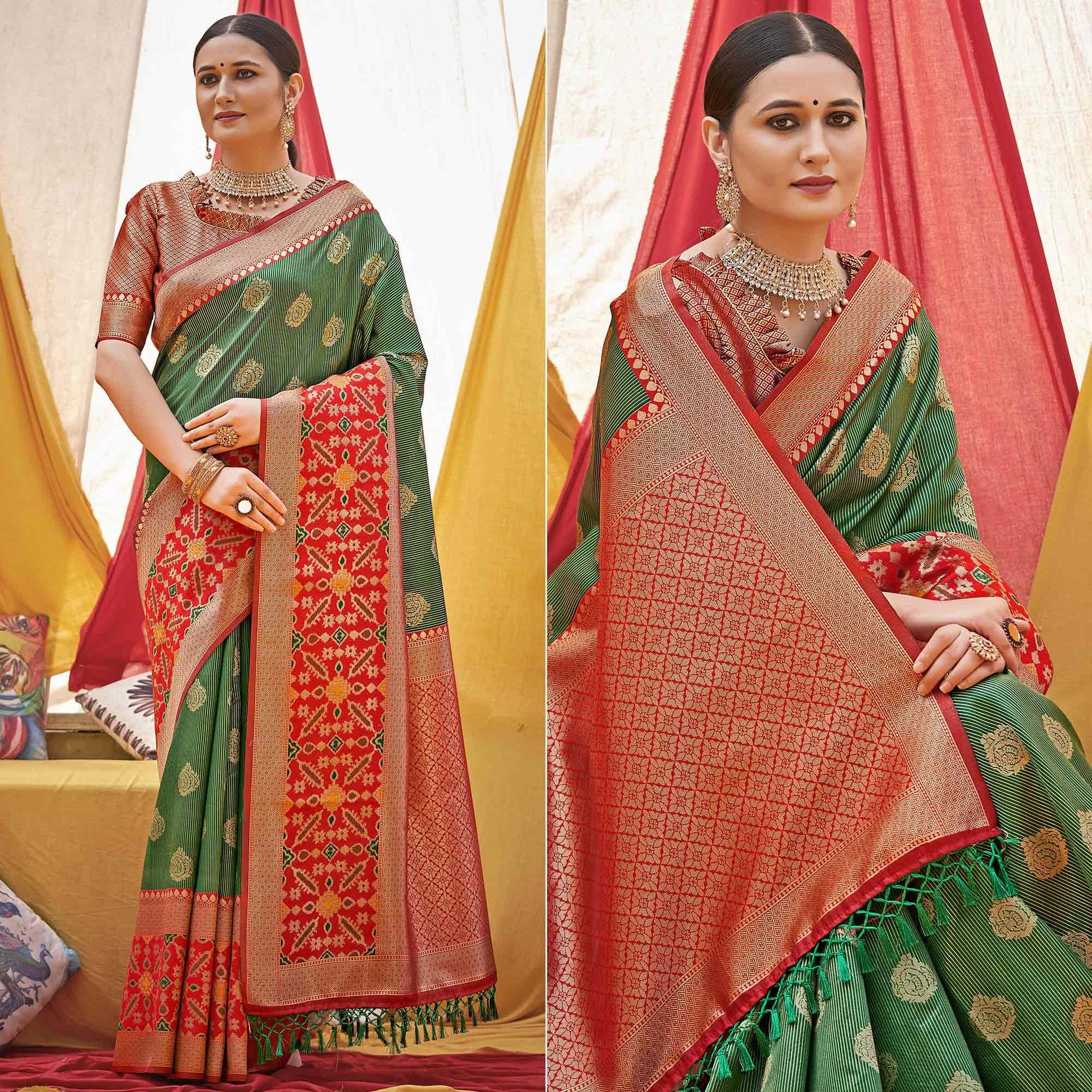 green-woven-banarasi-silk-saree-with-tassels