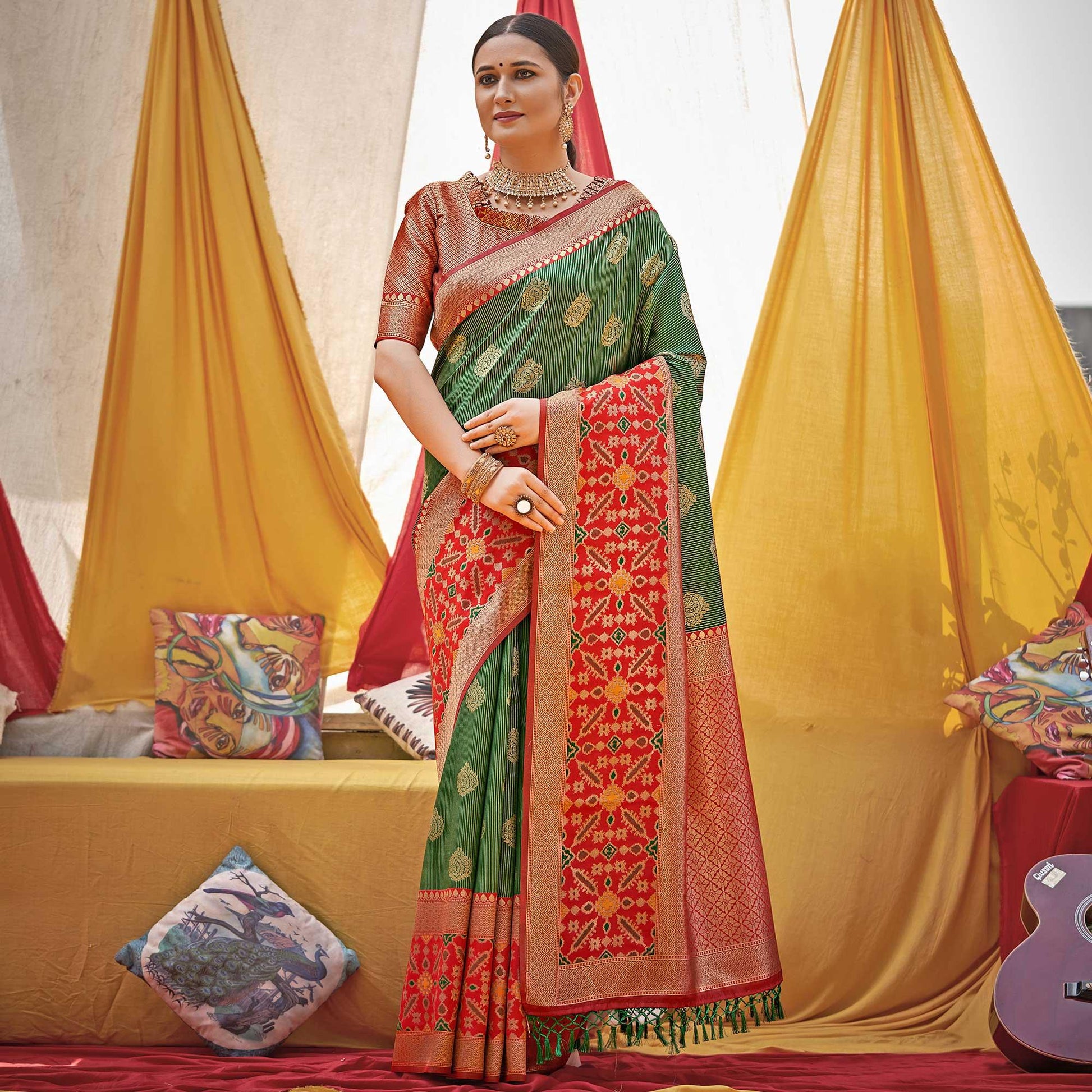 green-woven-banarasi-silk-saree-with-tassels