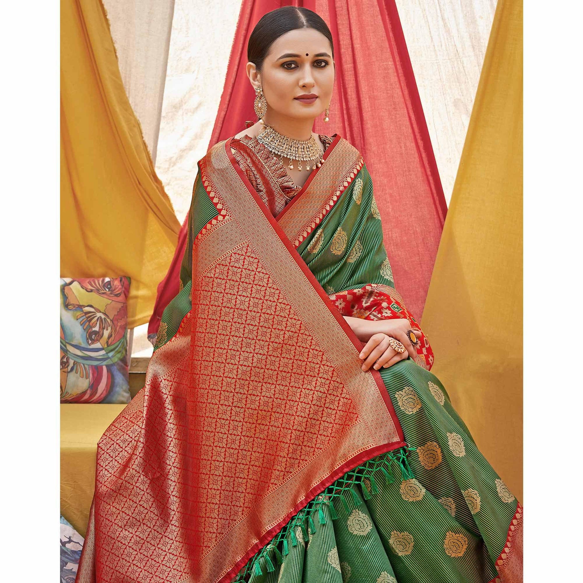 green-woven-banarasi-silk-saree-with-tassels