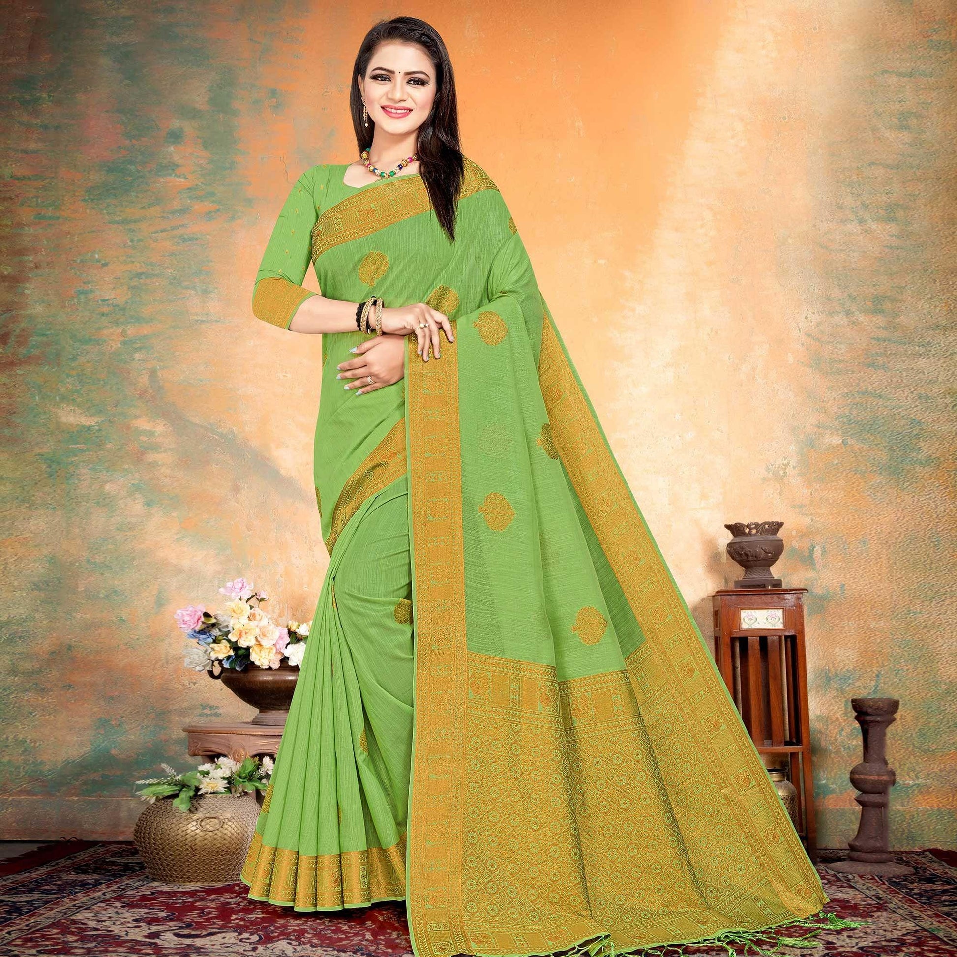green-woven-cotton-silk-saree-143813