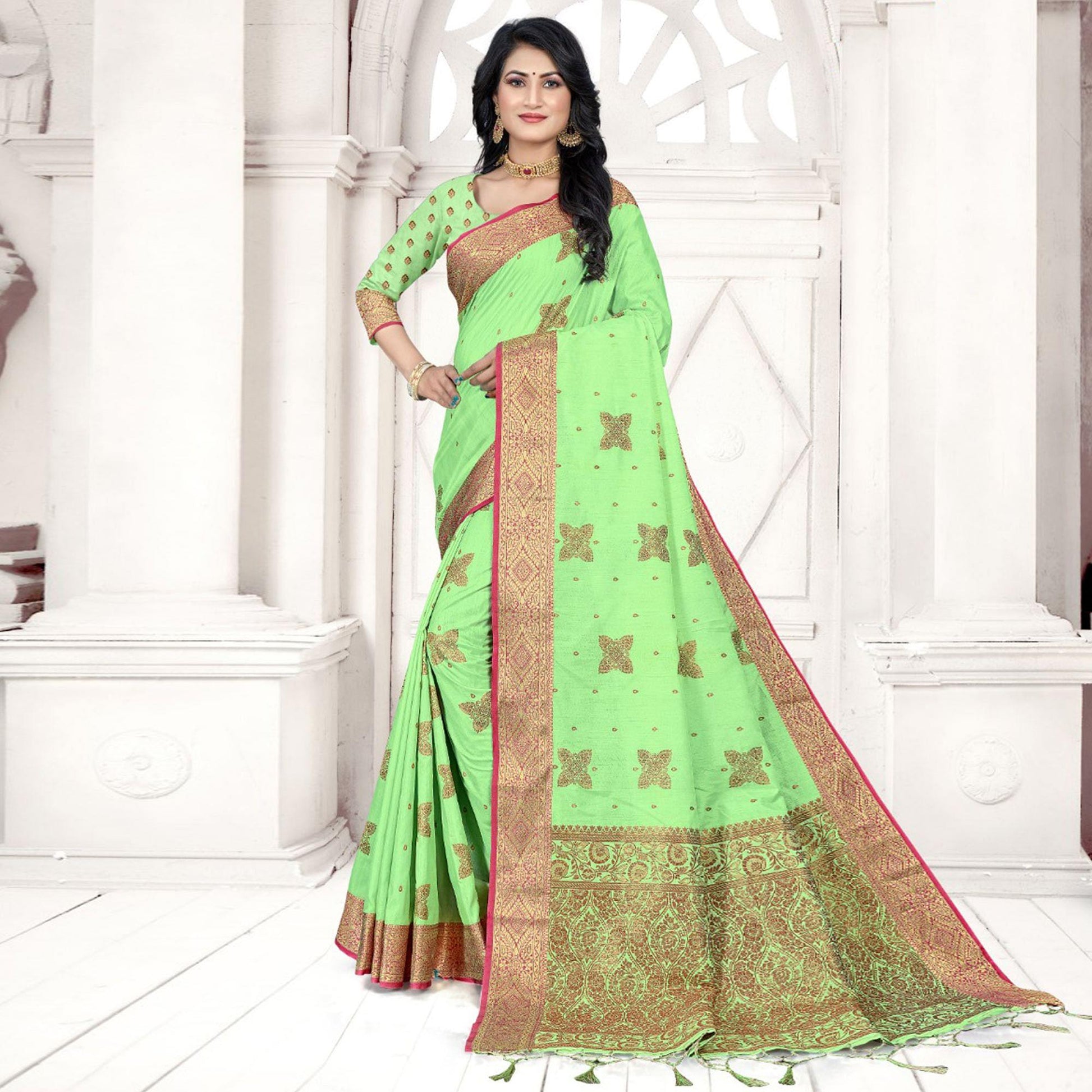 green-woven-cotton-silk-saree-143715