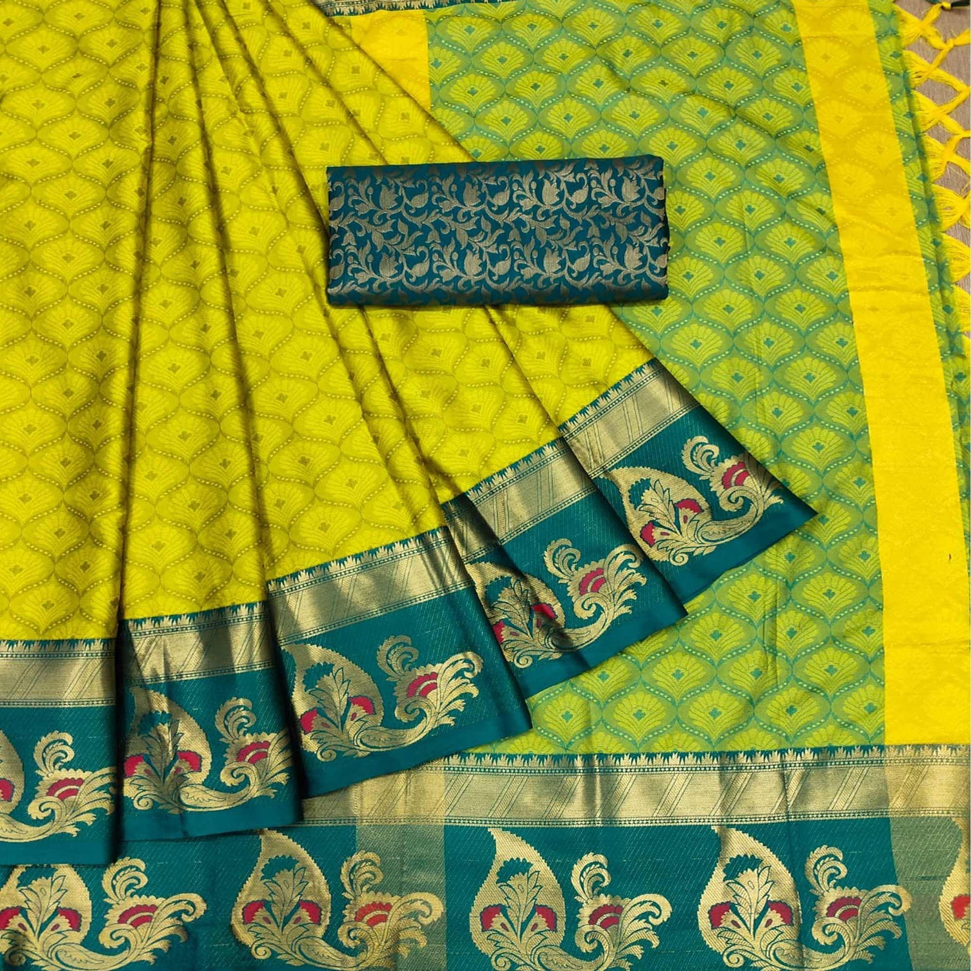 green-woven-cotton-silk-saree-with-tassels-142967