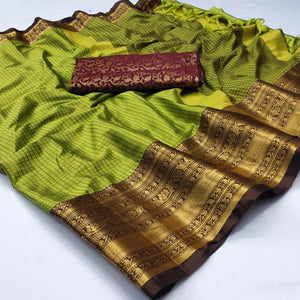 green-woven-cotton-silk-saree-with-tassels