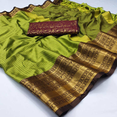 green-woven-cotton-silk-saree-with-tassels