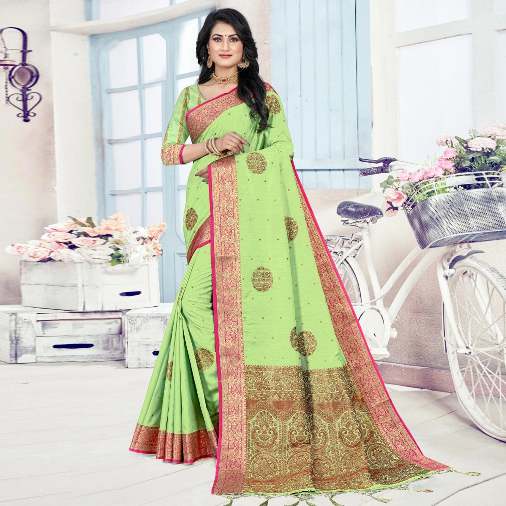 green-woven-cotton-silk-saree-with-tassels-143712