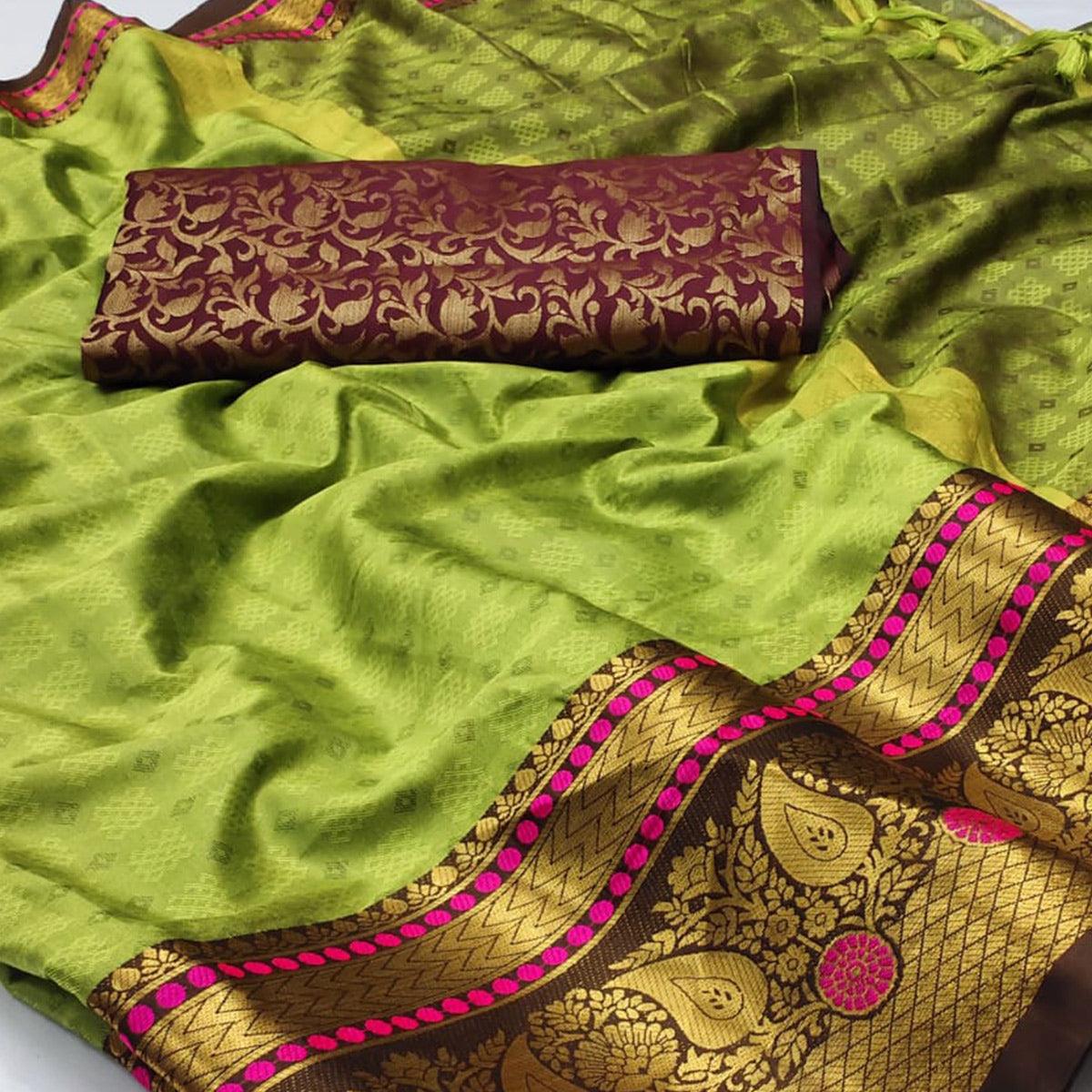 green-woven-cotton-silk-saree-with-tassels-1