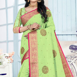 green-woven-cotton-silk-saree-with-tassels-143712