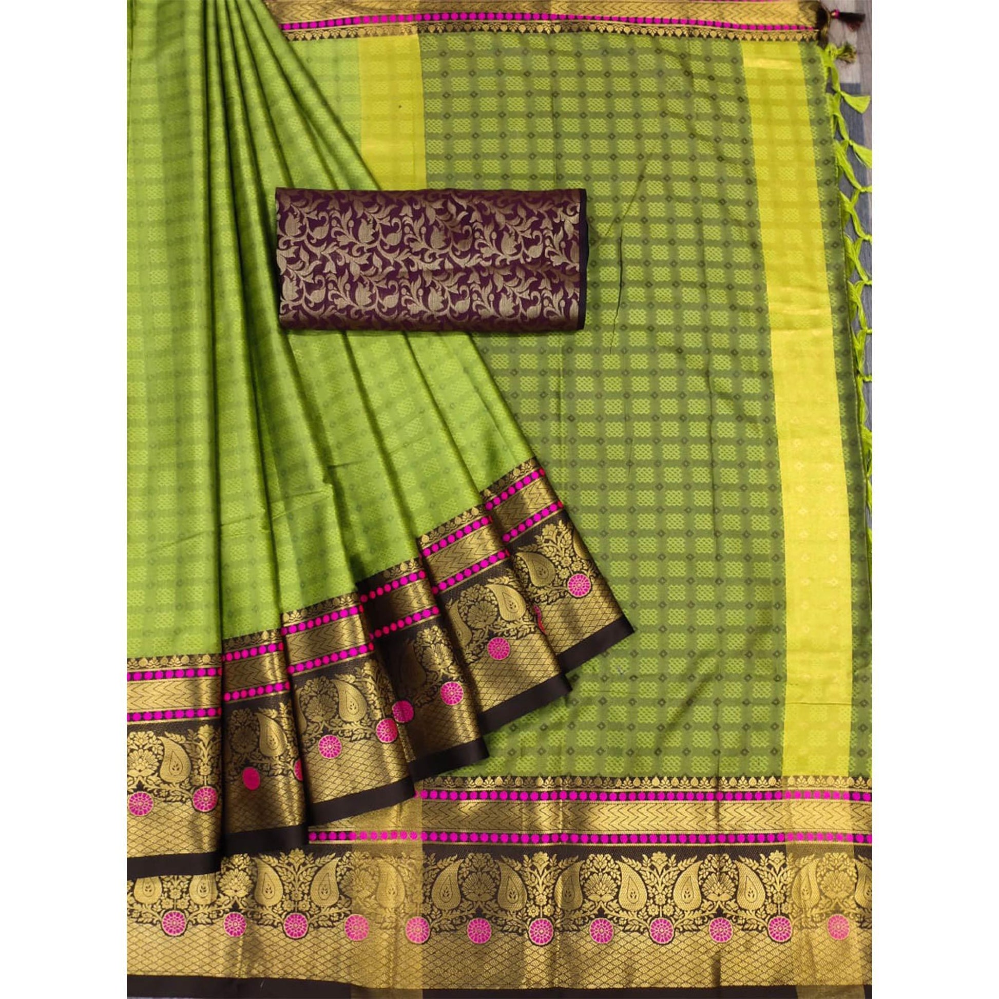 green-woven-cotton-silk-saree-with-tassels-1