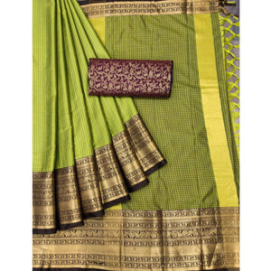green-woven-cotton-silk-saree-with-tassels