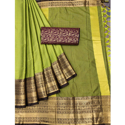 green-woven-cotton-silk-saree-with-tassels