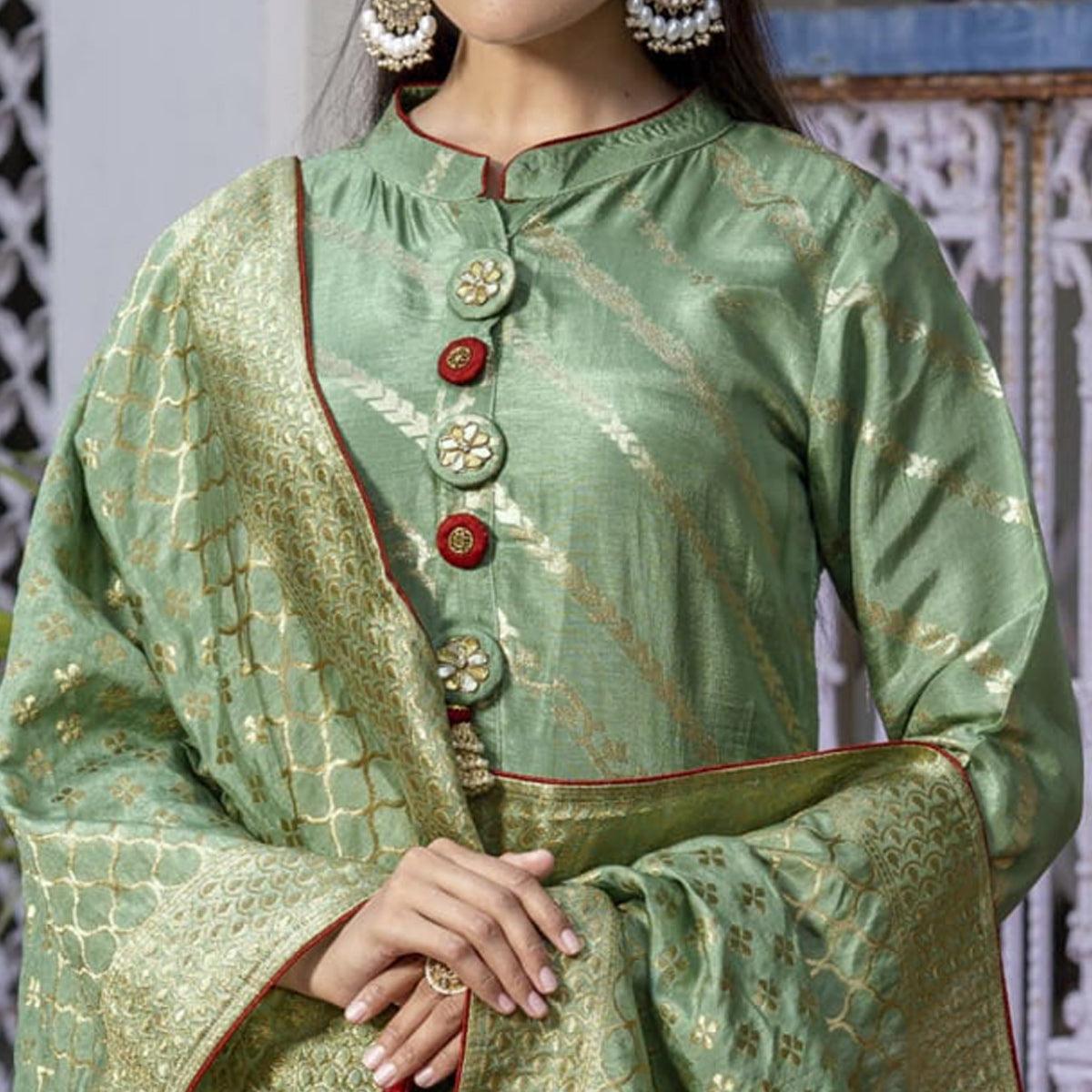 green-woven-dola-silk-kurti-pant-set-with-dupatta-2