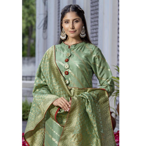 green-woven-dola-silk-kurti-pant-set-with-dupatta-2