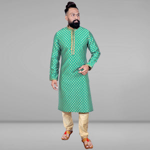 green-woven-jacquard-kurta-pyjama-set