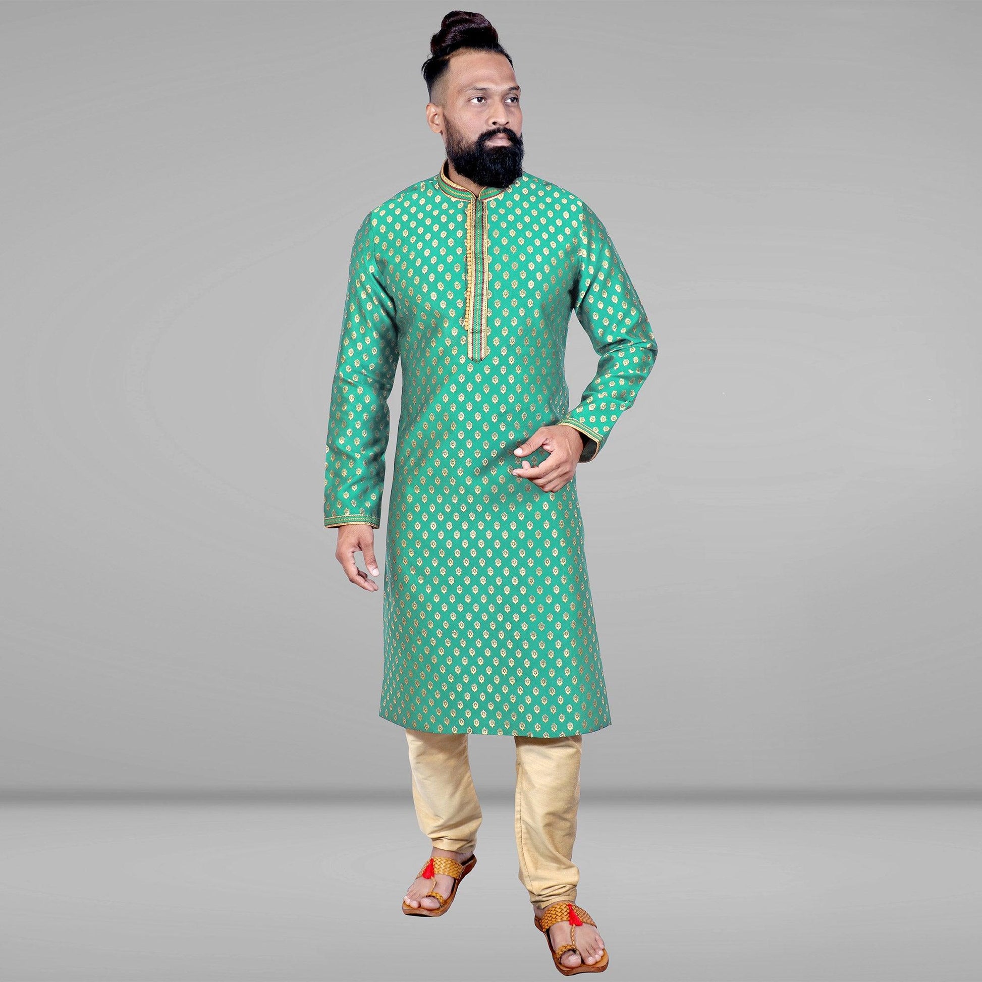 green-woven-jacquard-kurta-pyjama-set