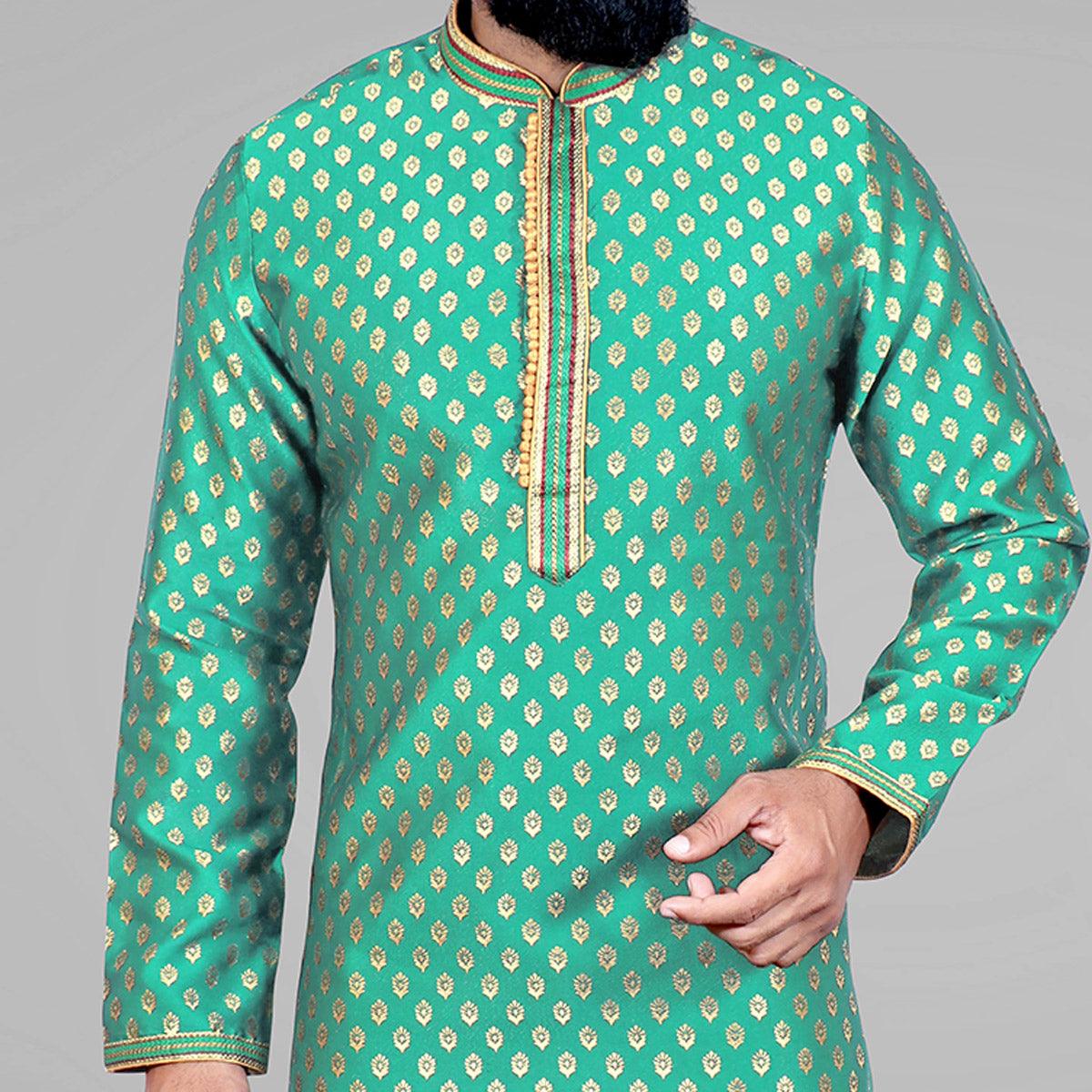 green-woven-jacquard-kurta-pyjama-set