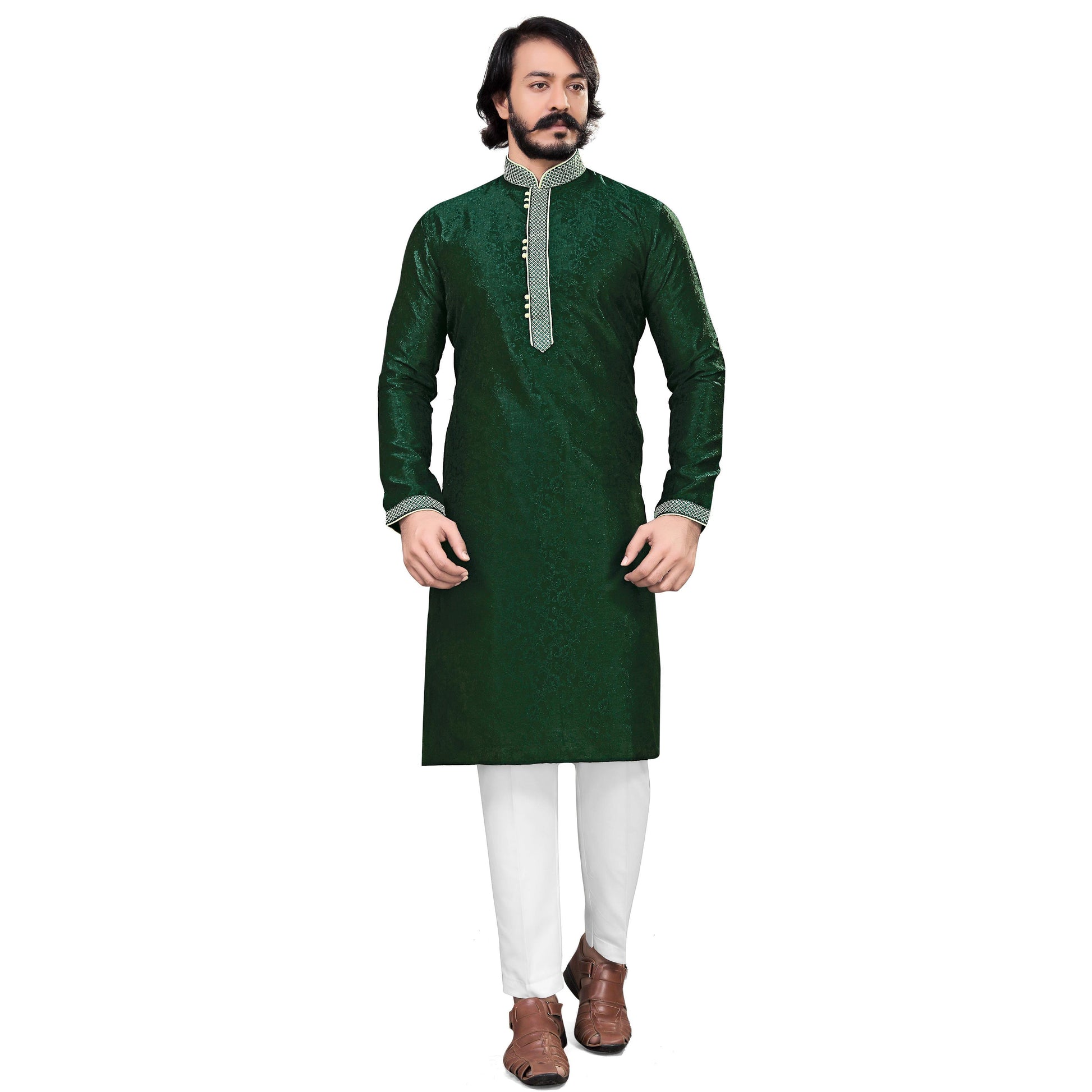 glorious-green-colored-festive-wear-pure-silk-jacquard-mens-kurta-pyjama-set-84087