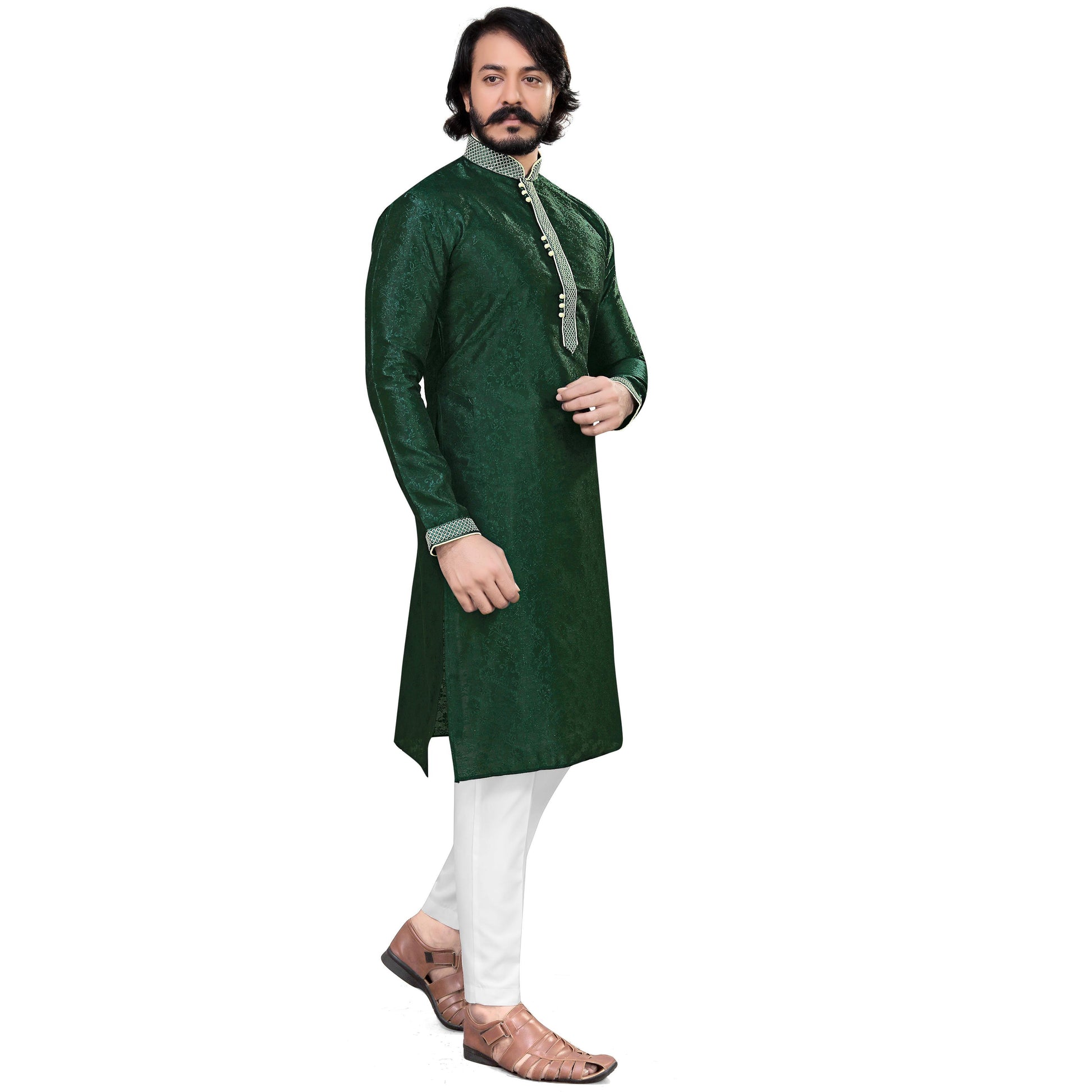 glorious-green-colored-festive-wear-pure-silk-jacquard-mens-kurta-pyjama-set-84087