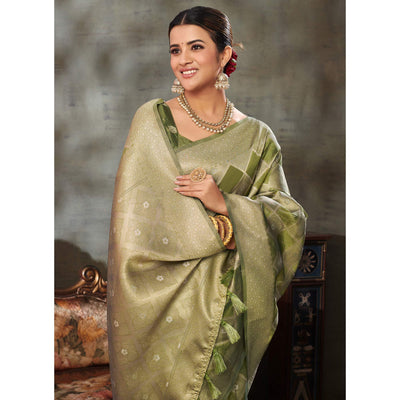 green-woven-organza-saree-with-tassels