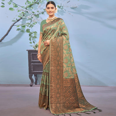 green-woven-poly-cotton-saree-with-tassels